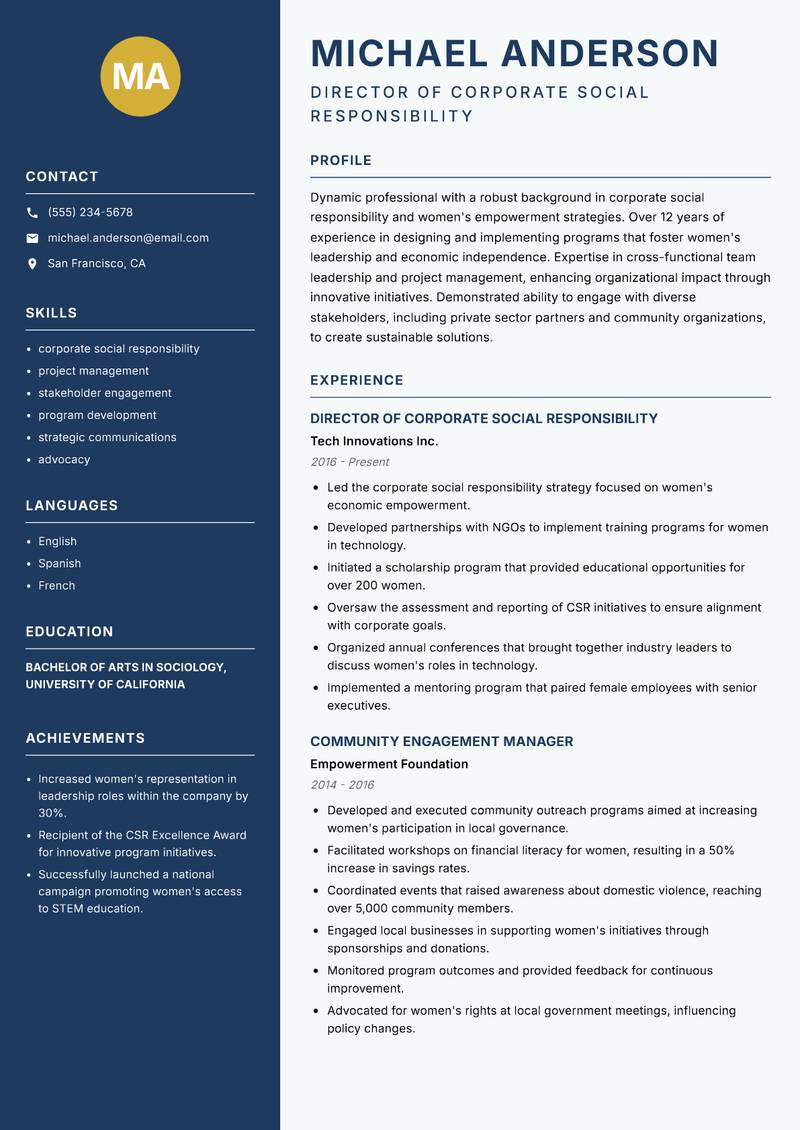 Director of Women Empowerment resume template — Classic Clean