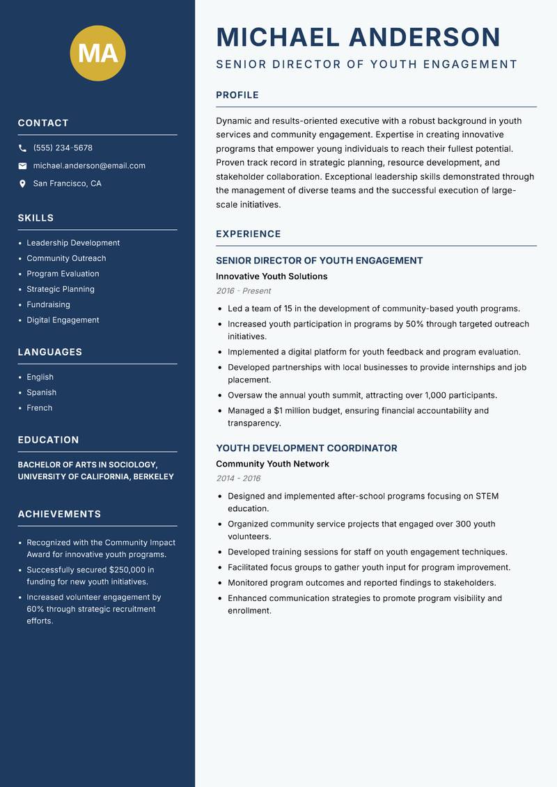 Director of Youth Development resume template — Classic Clean