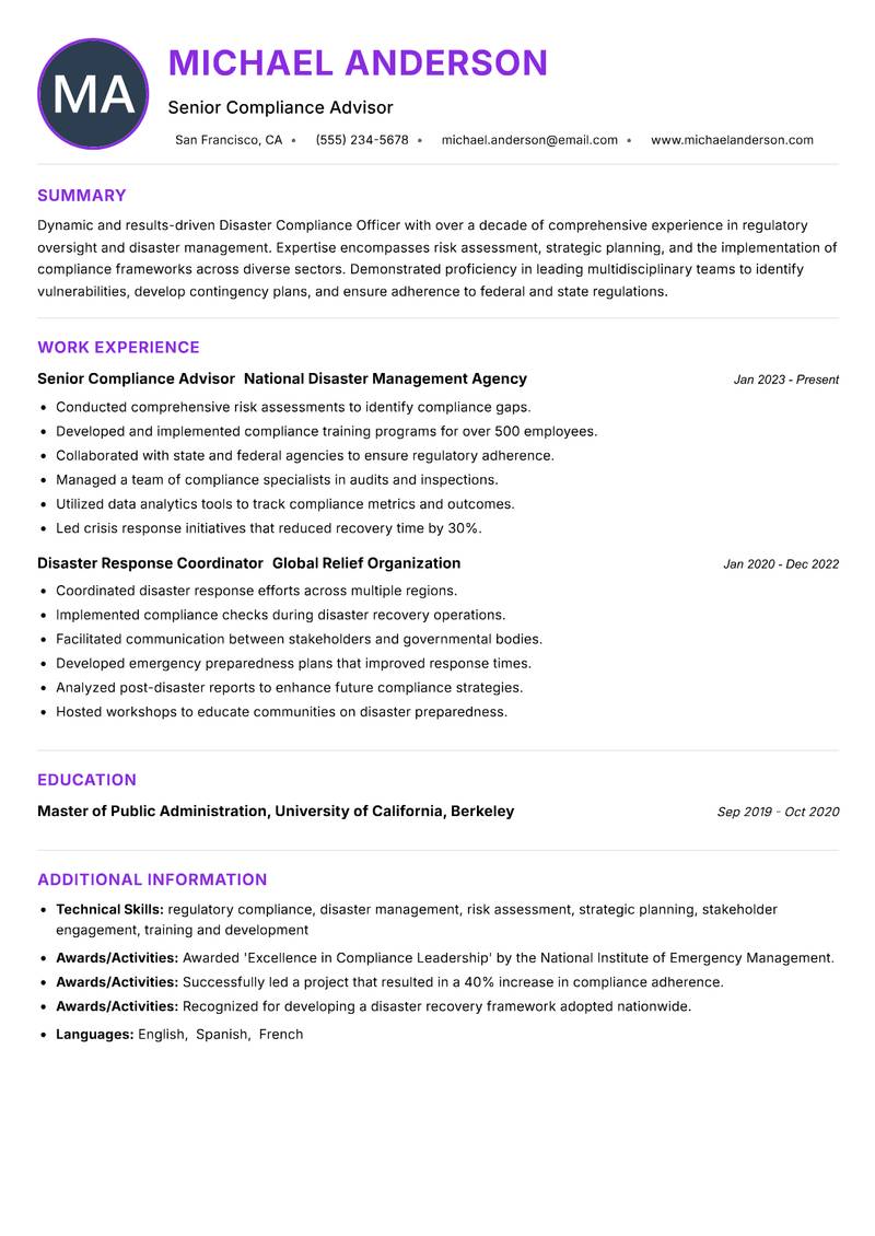 Disaster Compliance Officer resume example — ATS-friendly template