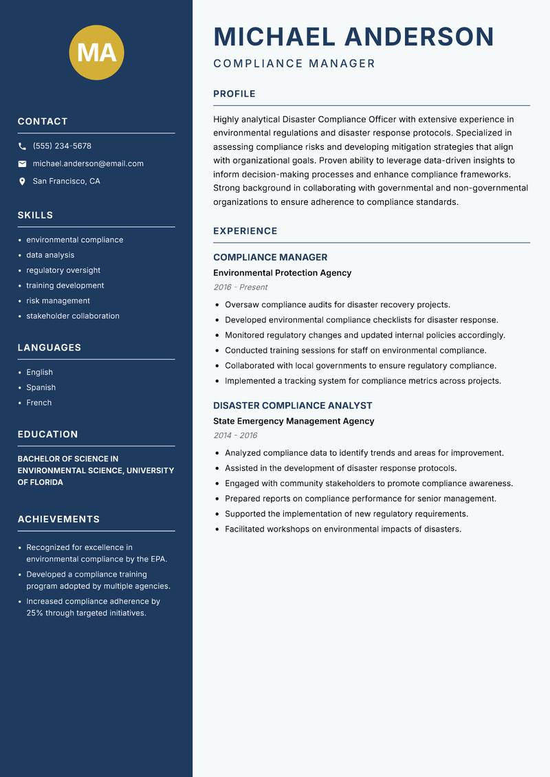 Disaster Compliance Officer resume template — Classic Clean