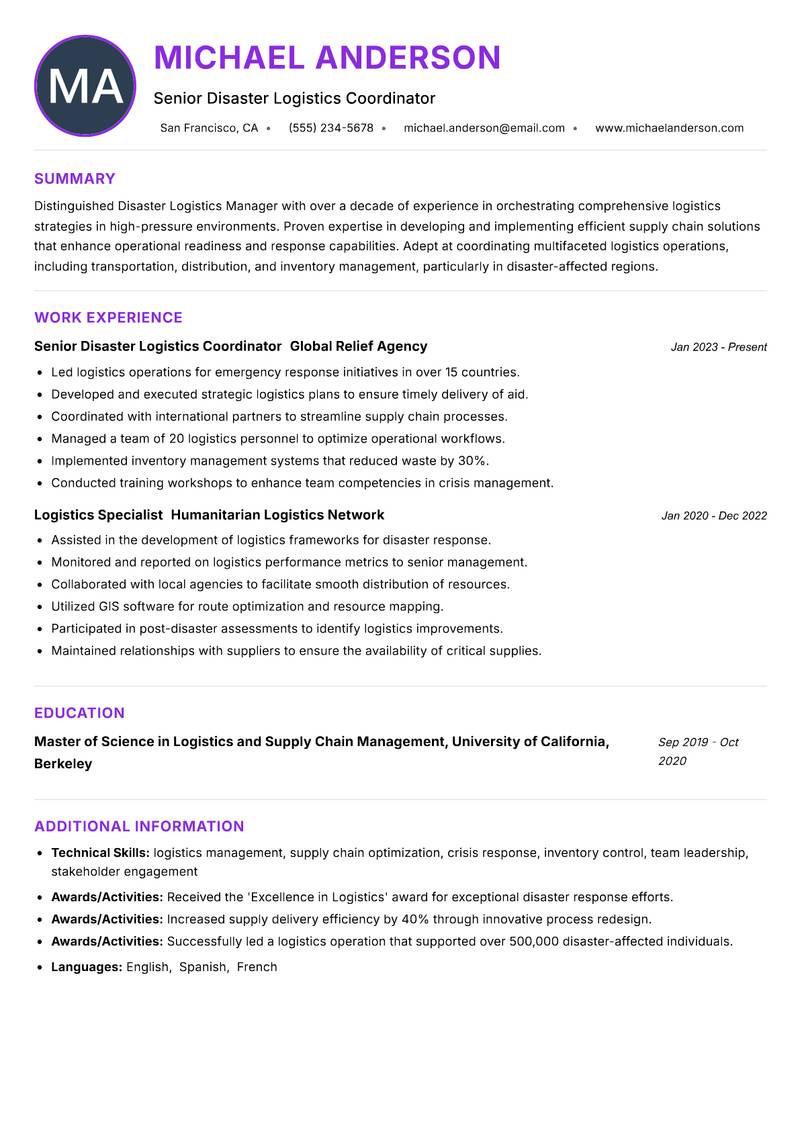 Disaster Logistics Manager resume example — ATS-friendly template
