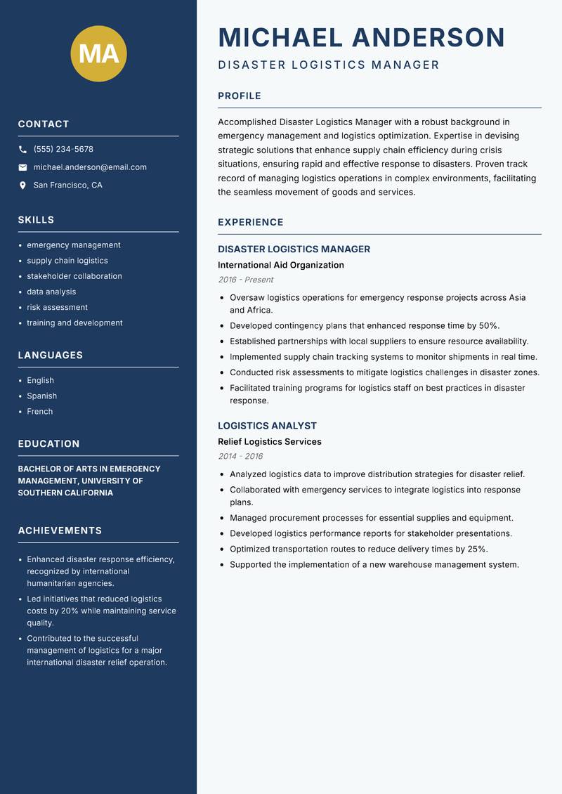 Disaster Logistics Manager resume template — Classic Clean