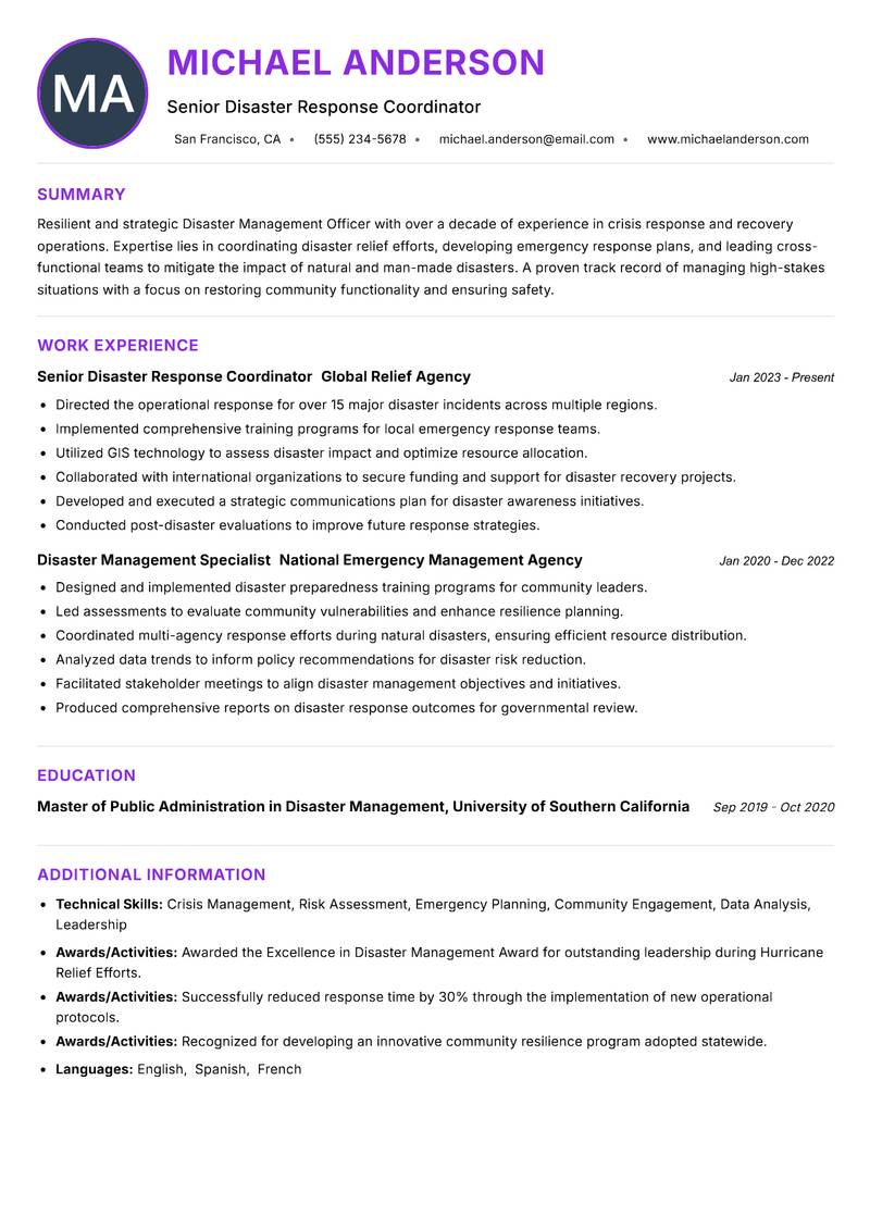 Disaster Management Officer resume example — ATS-friendly template