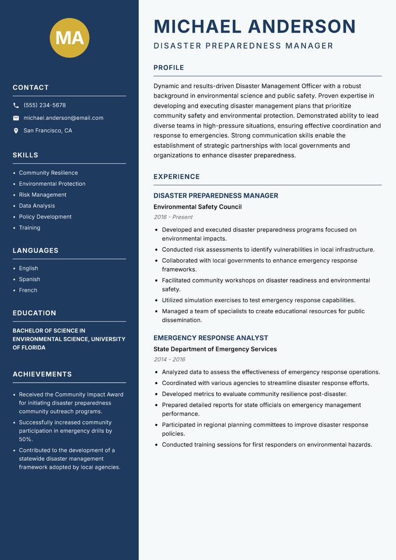 Disaster Management Officer resume template — Classic Clean
