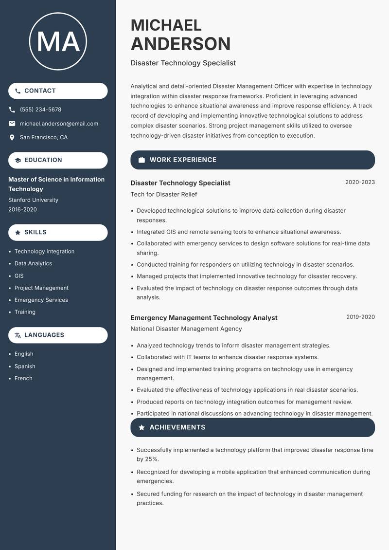 Disaster Management Officer resume template — Compact