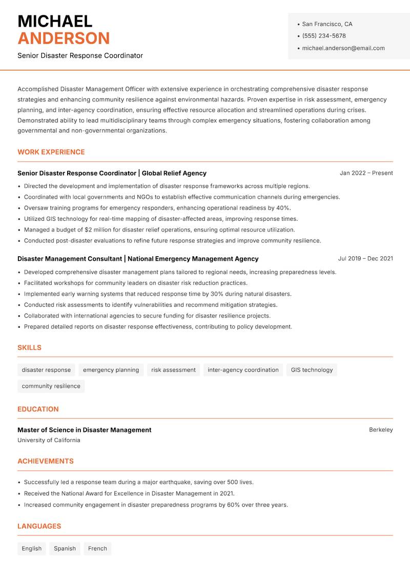 Disaster Management Officer resume template — Modern Professional