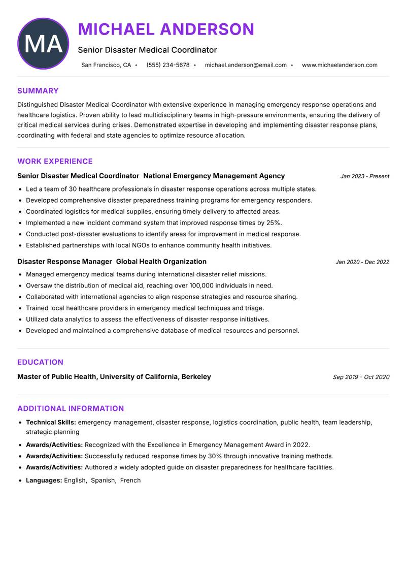 Disaster Medical Coordinator resume example — ATS-friendly template