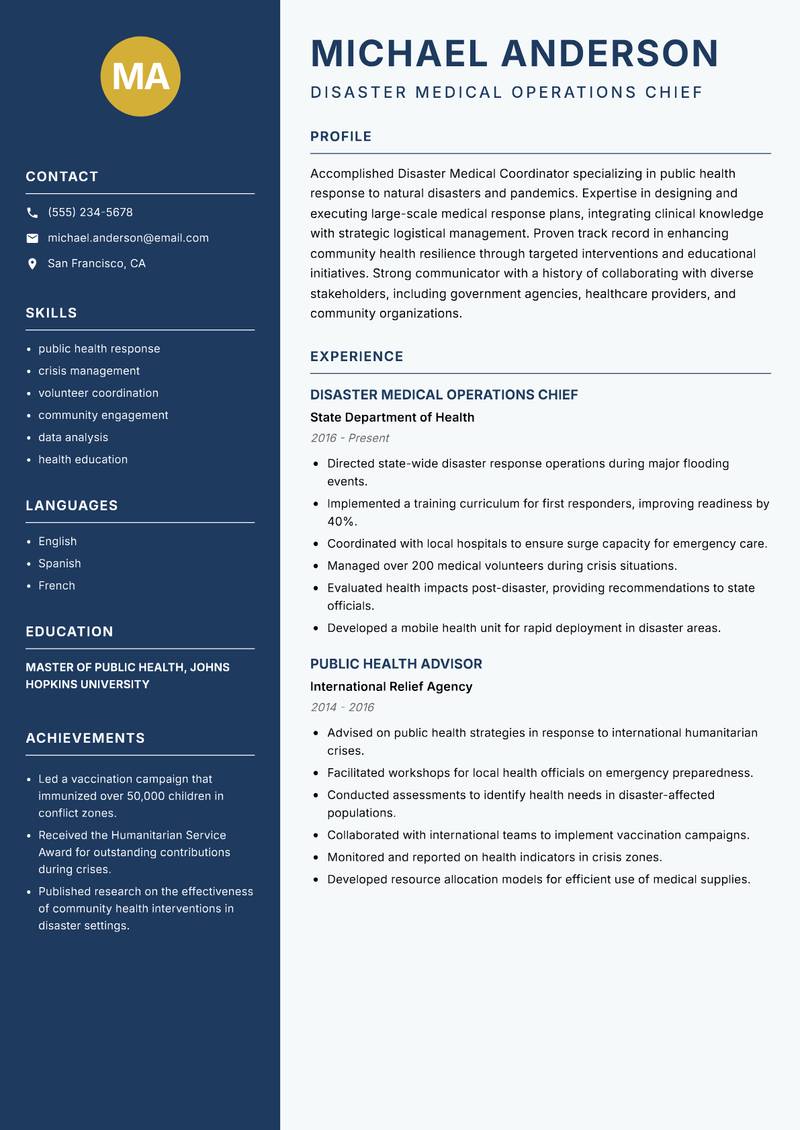 Disaster Medical Coordinator resume template — Classic Clean