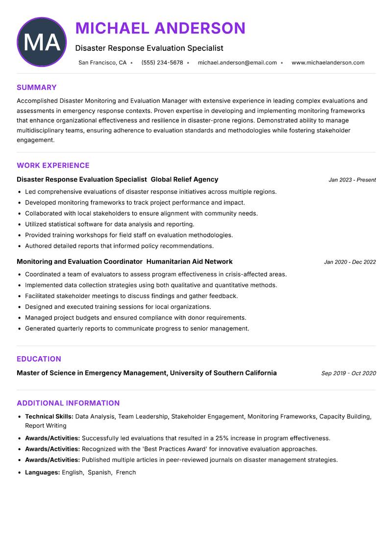 Disaster Monitoring and Evaluation Manager resume example — ATS-friendly template