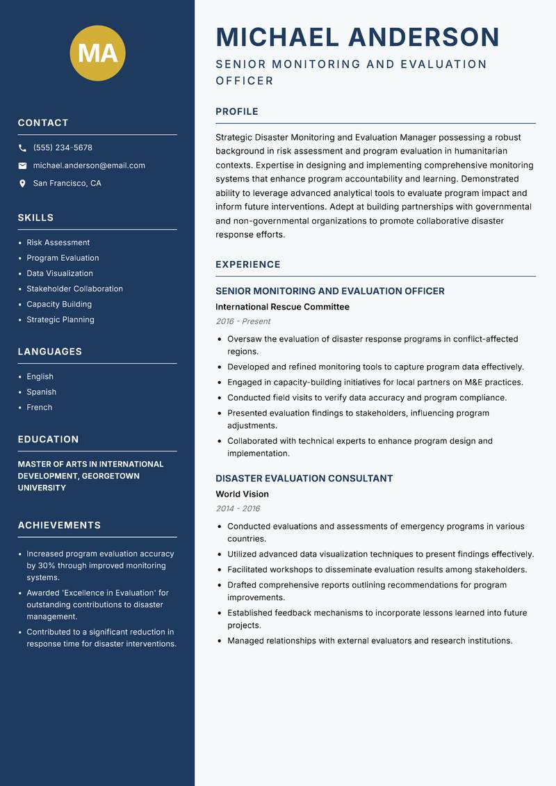 Disaster Monitoring and Evaluation Manager resume template — Classic Clean
