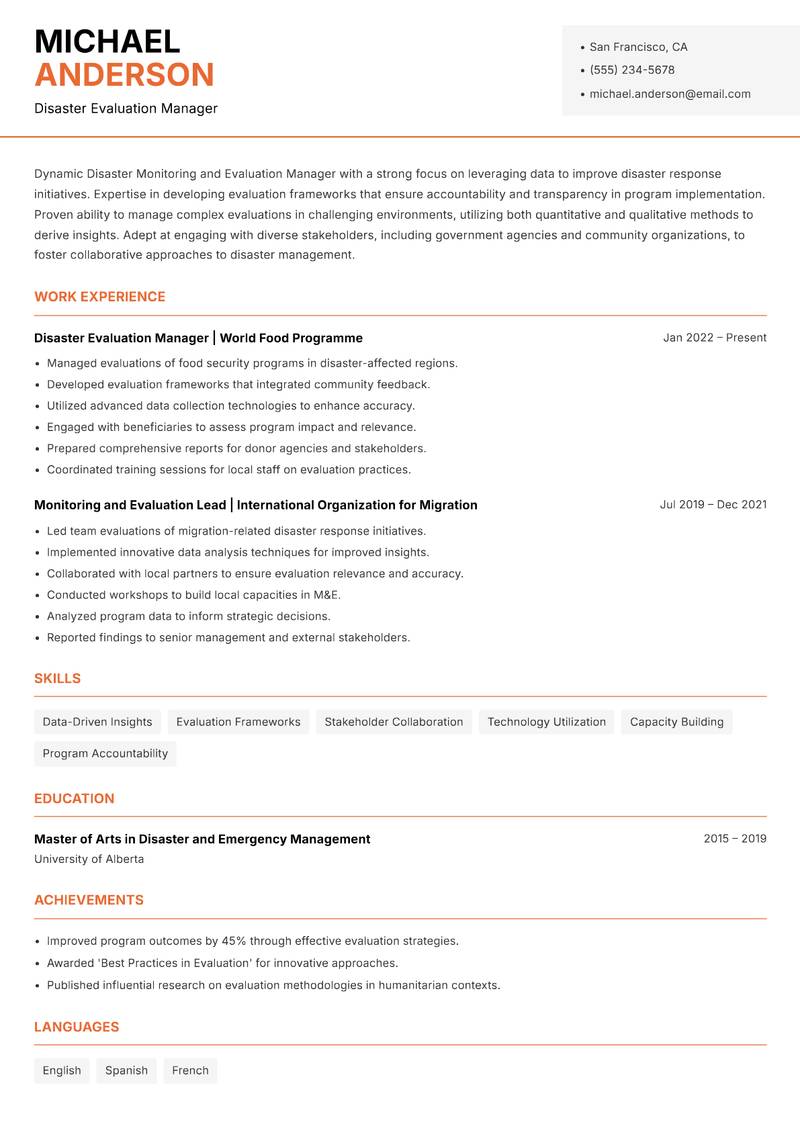 Disaster Monitoring and Evaluation Manager resume template — Modern Professional