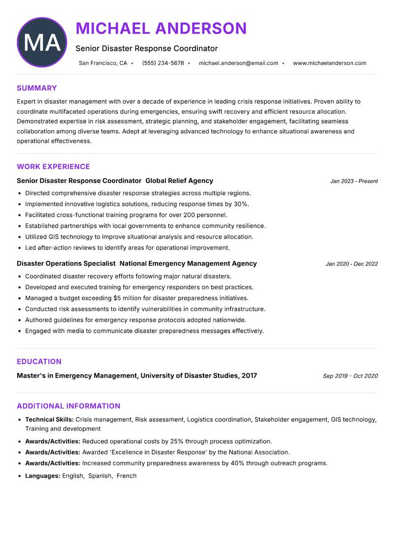 Disaster Operations Manager resume example — ATS-friendly template
