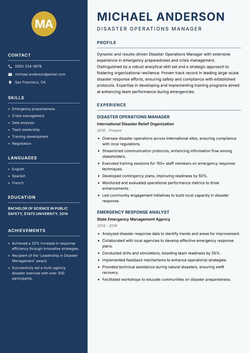 Disaster Operations Manager resume template — Classic Clean