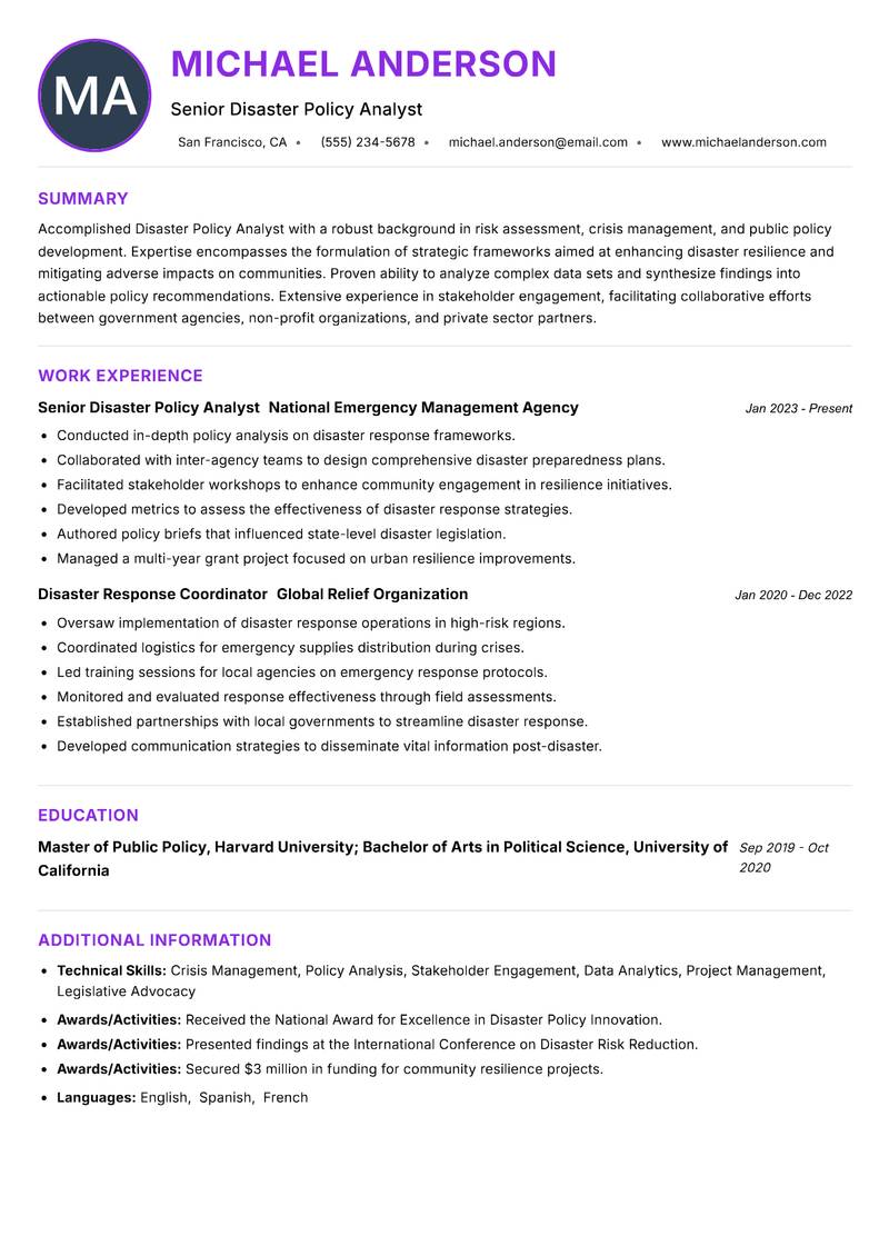 Disaster Policy Analyst resume example — ATS-friendly template