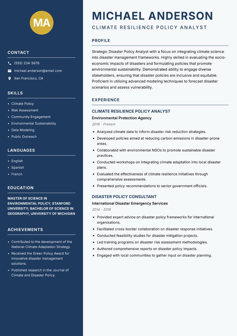 Disaster Policy Analyst resume template — Classic Clean