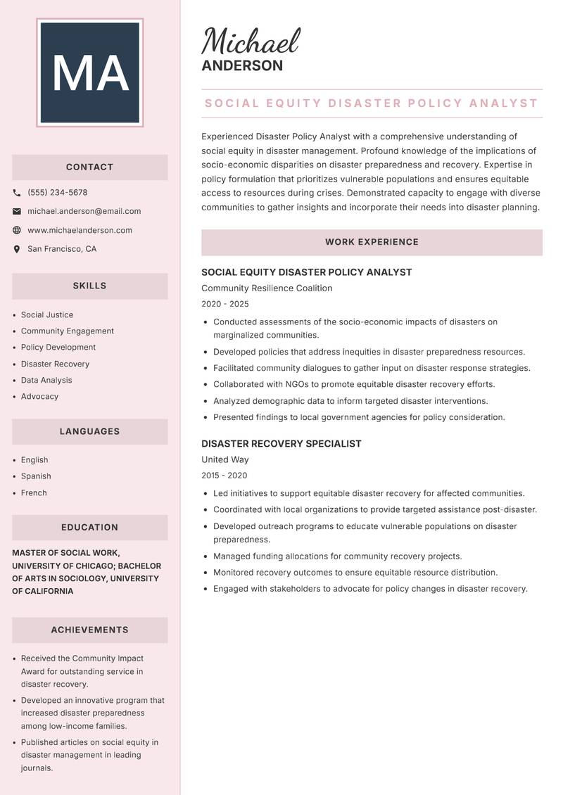 Disaster Policy Analyst resume template — Executive