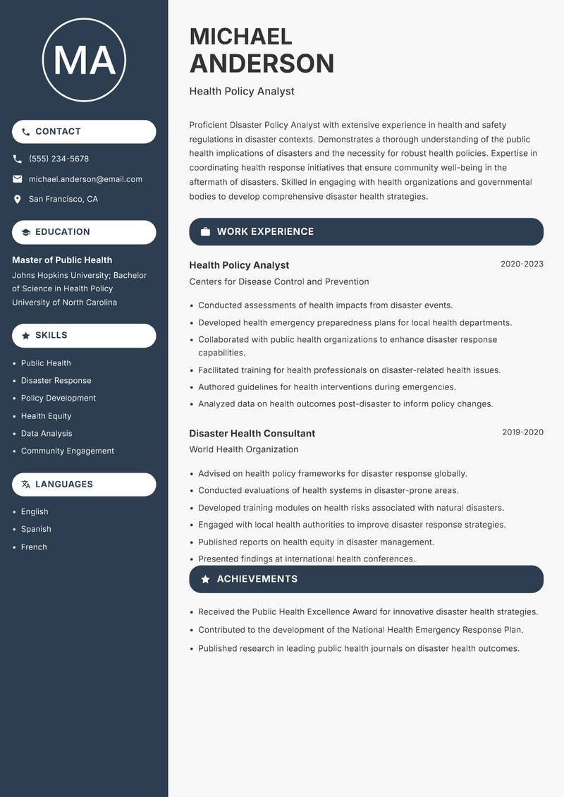 Disaster Policy Analyst resume template — Compact