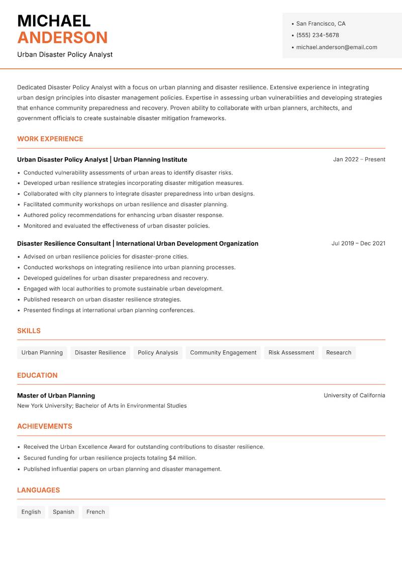 Disaster Policy Analyst resume template — Modern Professional