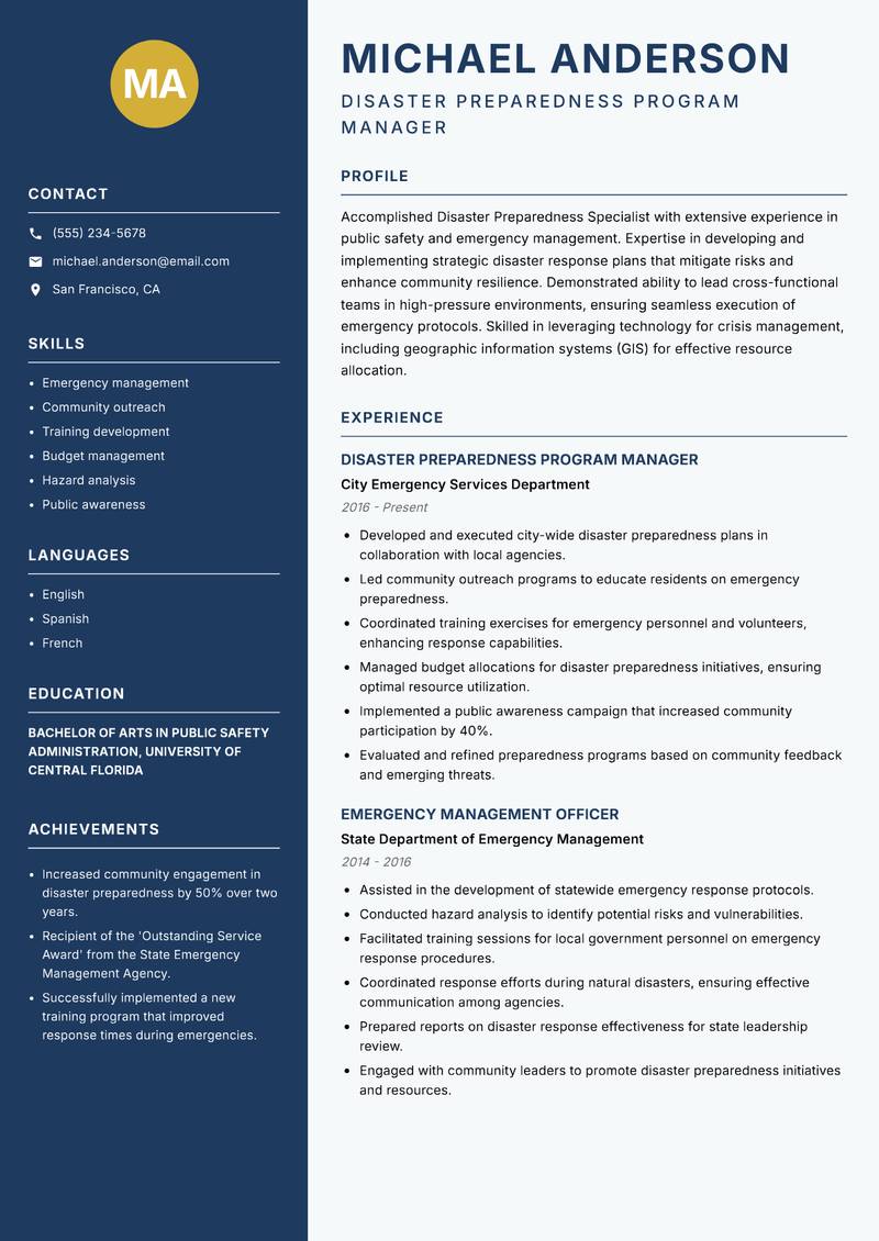 Disaster Preparedness Specialist resume template — Classic Clean