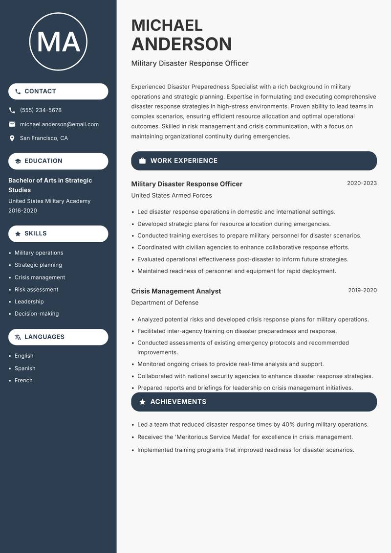 Disaster Preparedness Specialist resume template — Compact
