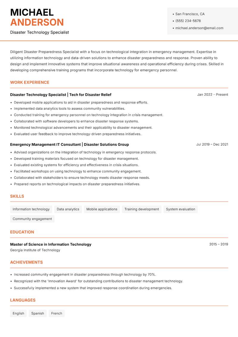 Disaster Preparedness Specialist resume template — Modern Professional