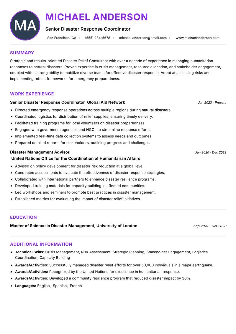 Disaster Relief Consultant resume example — ATS-friendly template