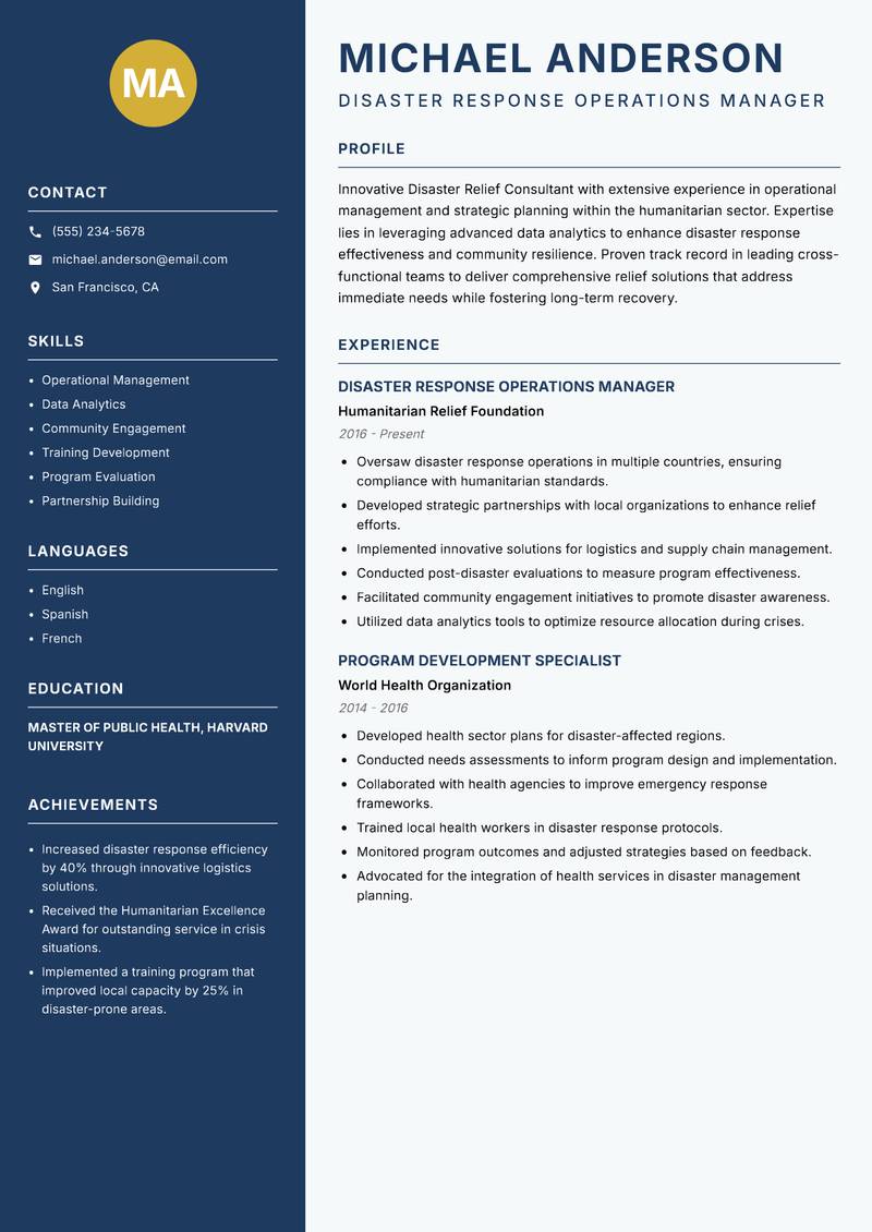 Disaster Relief Consultant resume template — Classic Clean