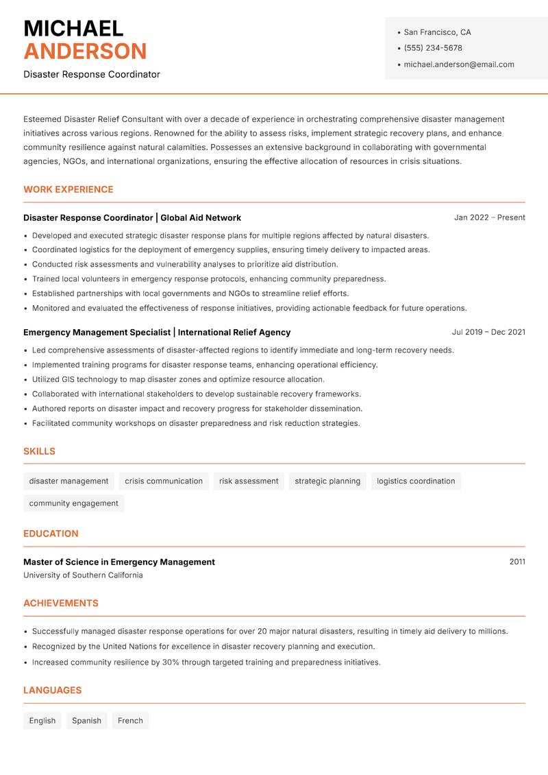 Disaster Relief Consultant resume template — Modern Professional