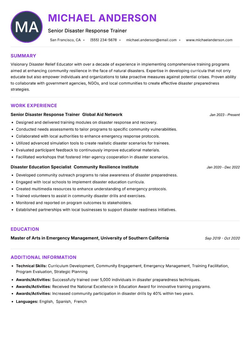 Disaster Relief Educator resume example — ATS-friendly template