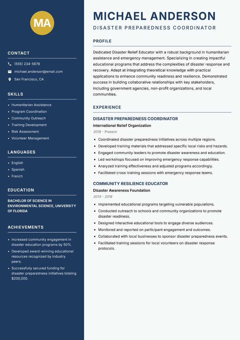 Disaster Relief Educator resume template — Classic Clean
