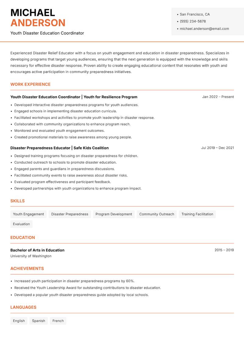 Disaster Relief Educator resume template — Modern Professional