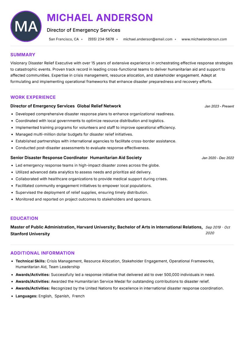 Disaster Relief Executive resume example — ATS-friendly template