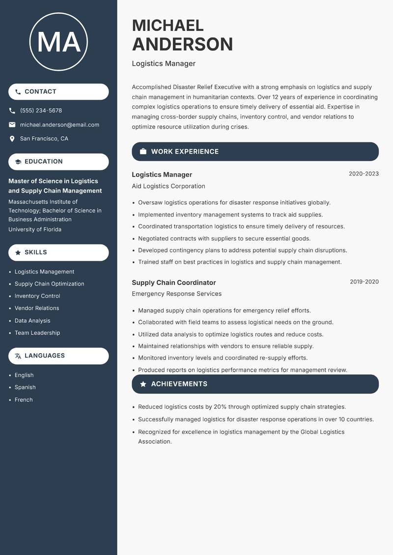 Disaster Relief Executive resume template — Compact