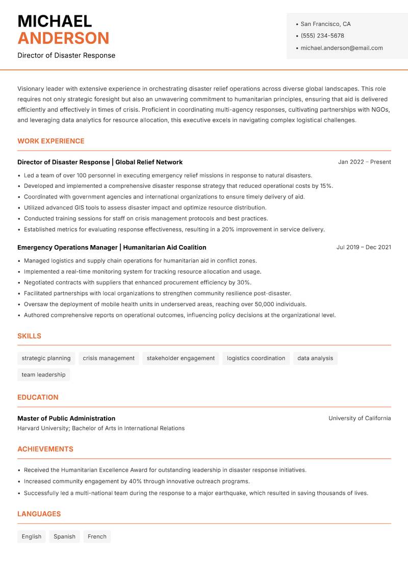 Disaster Relief Executive resume template — Modern Professional