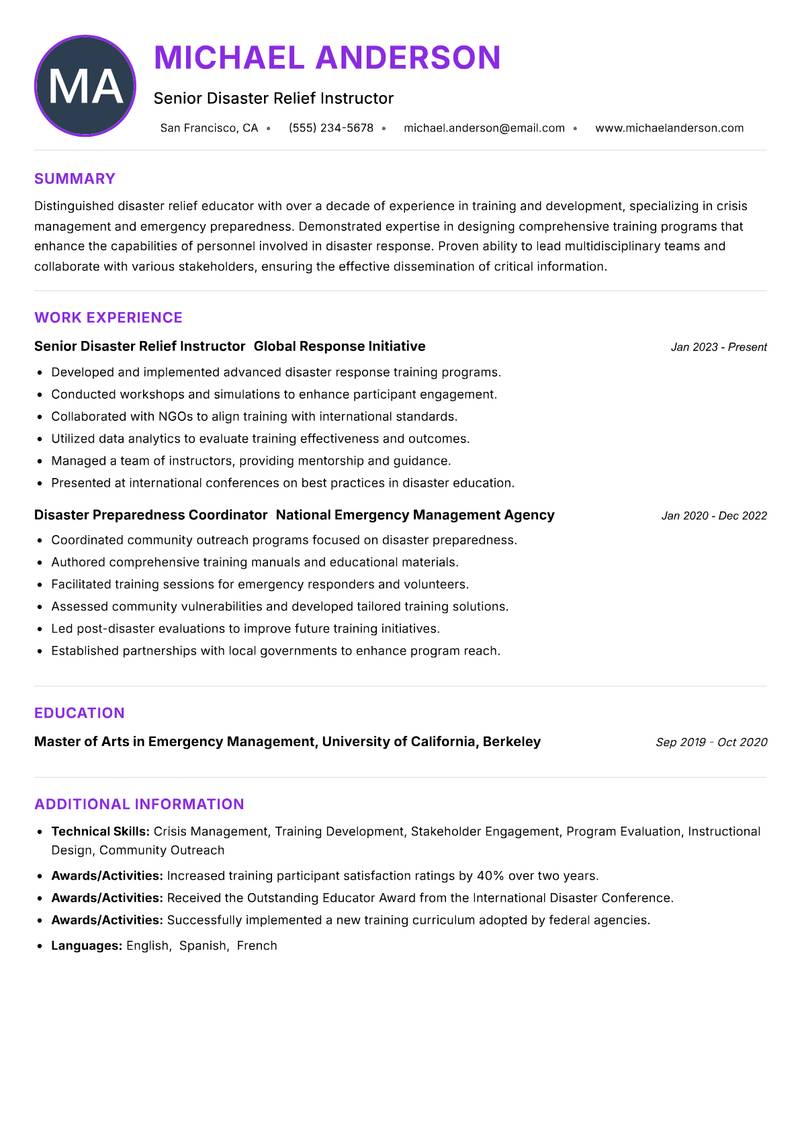 Disaster Relief Instructor resume example — ATS-friendly template