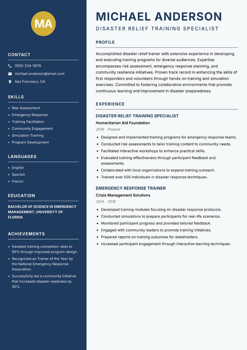 Disaster Relief Instructor resume template — Classic Clean