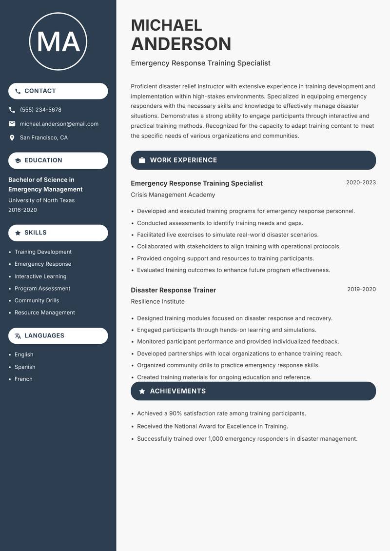 Disaster Relief Instructor resume template — Compact