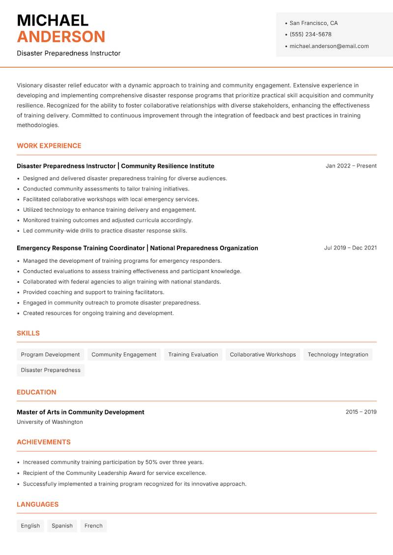 Disaster Relief Instructor resume template — Modern Professional