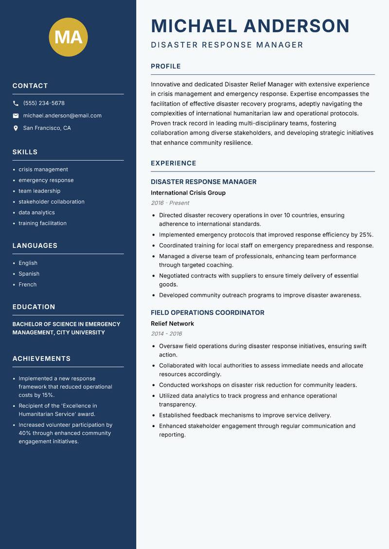 Disaster Relief Manager resume template — Classic Clean