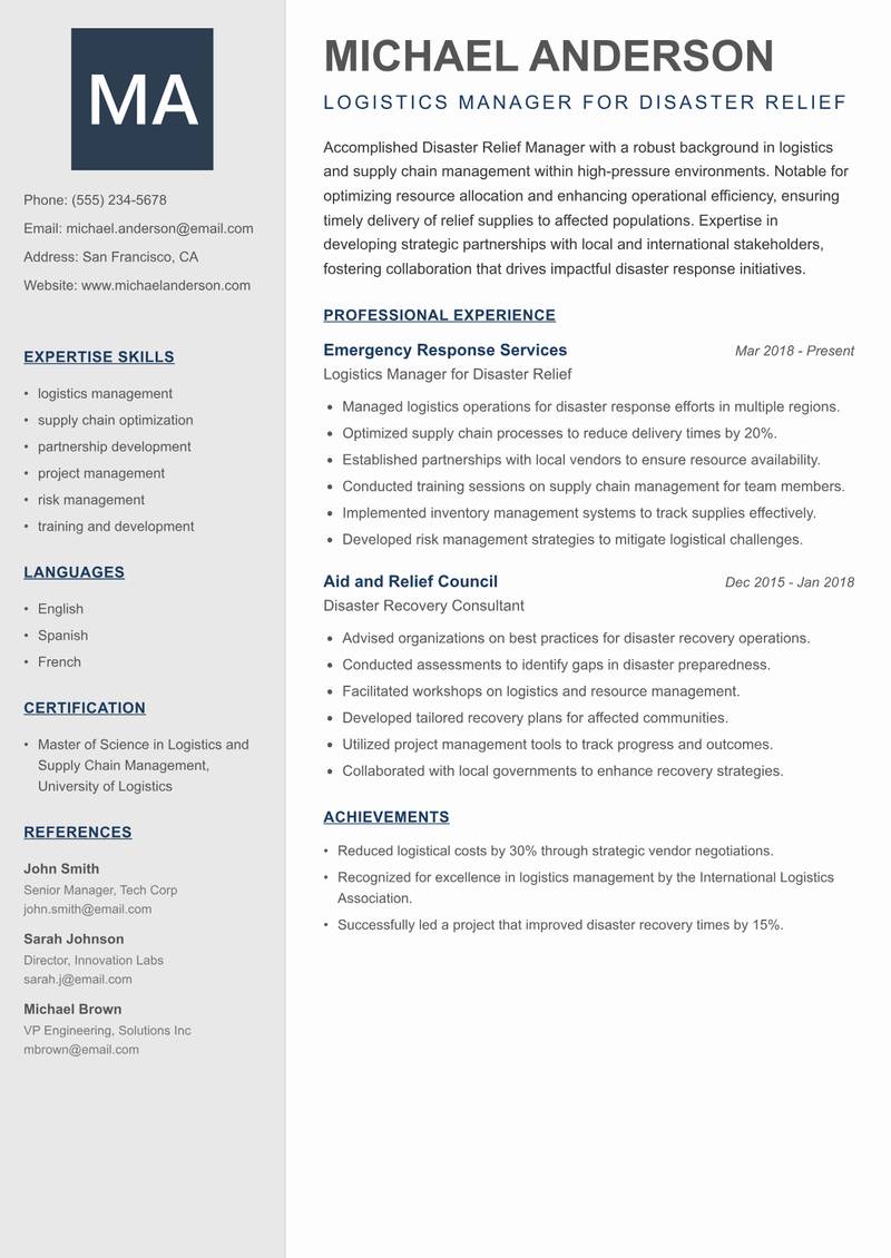 Disaster Relief Manager resume template — Creative Minimal