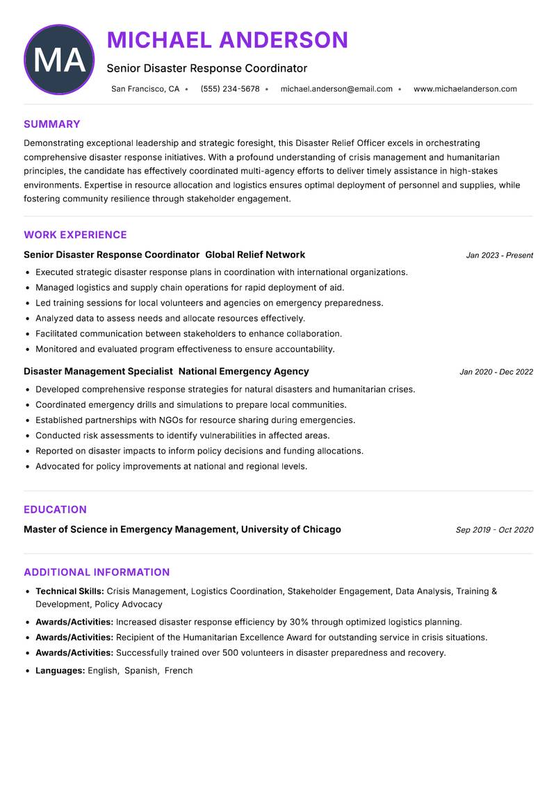 Disaster Relief Officer resume example — ATS-friendly template