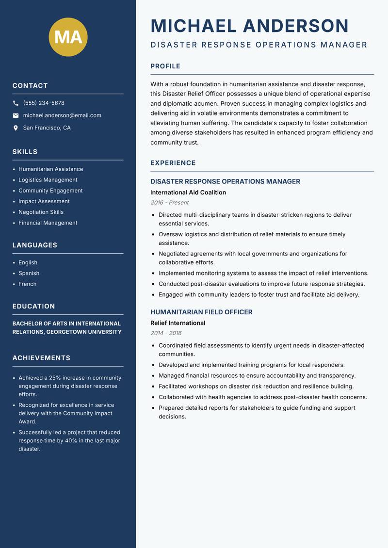 Disaster Relief Officer resume template — Classic Clean