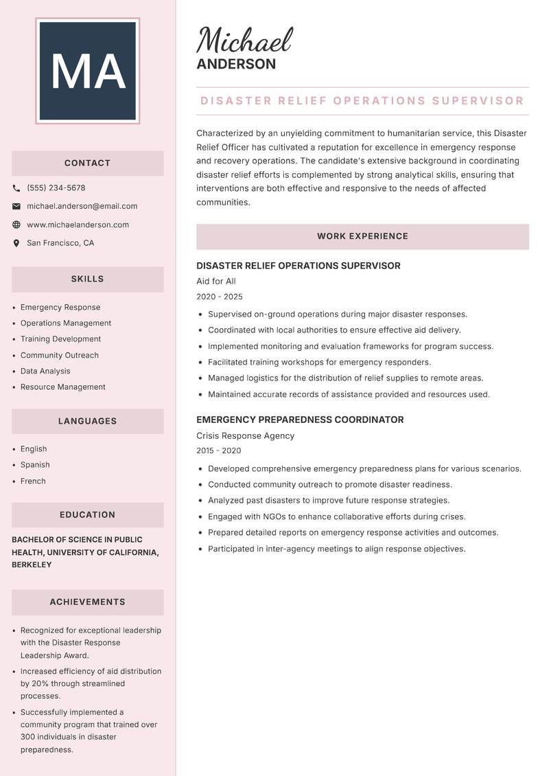 Disaster Relief Officer resume template — Executive
