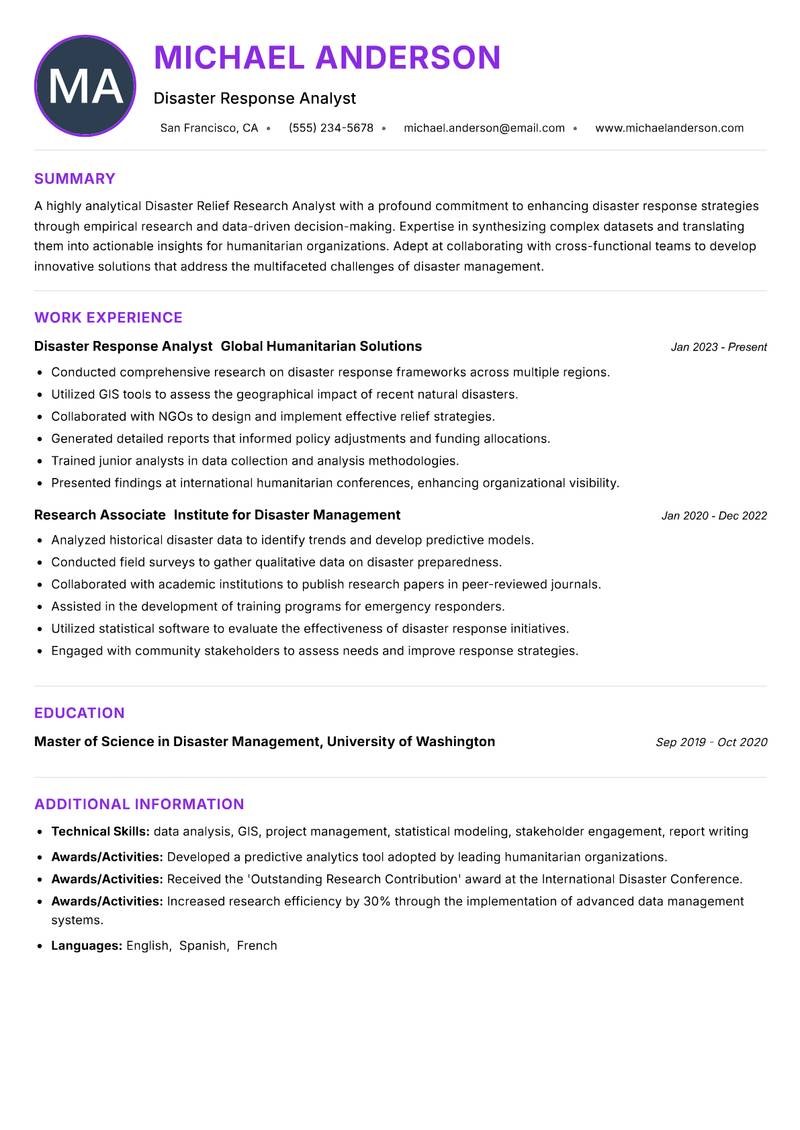 Disaster Relief Research Analyst resume example — ATS-friendly template
