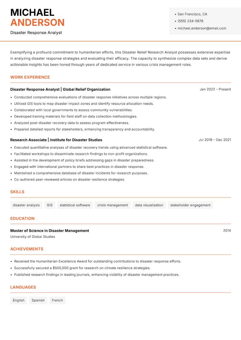 Disaster Relief Research Analyst resume template — Modern Professional