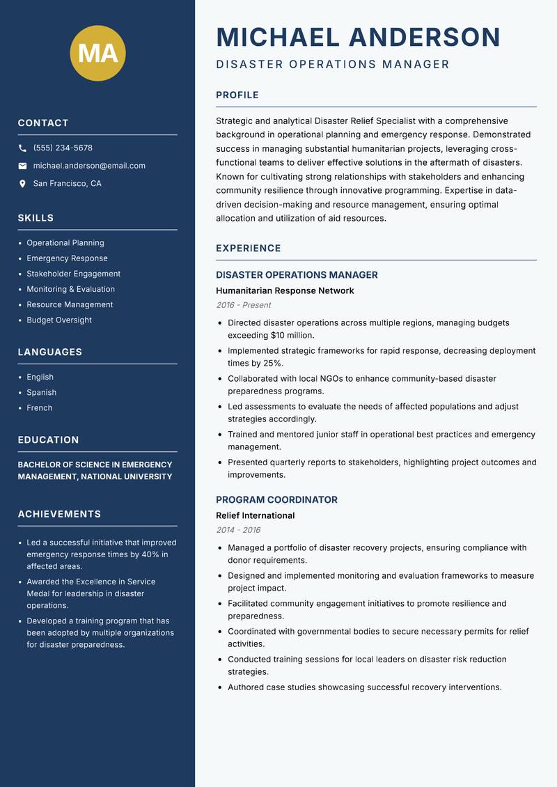 Disaster Relief Specialist resume template — Classic Clean
