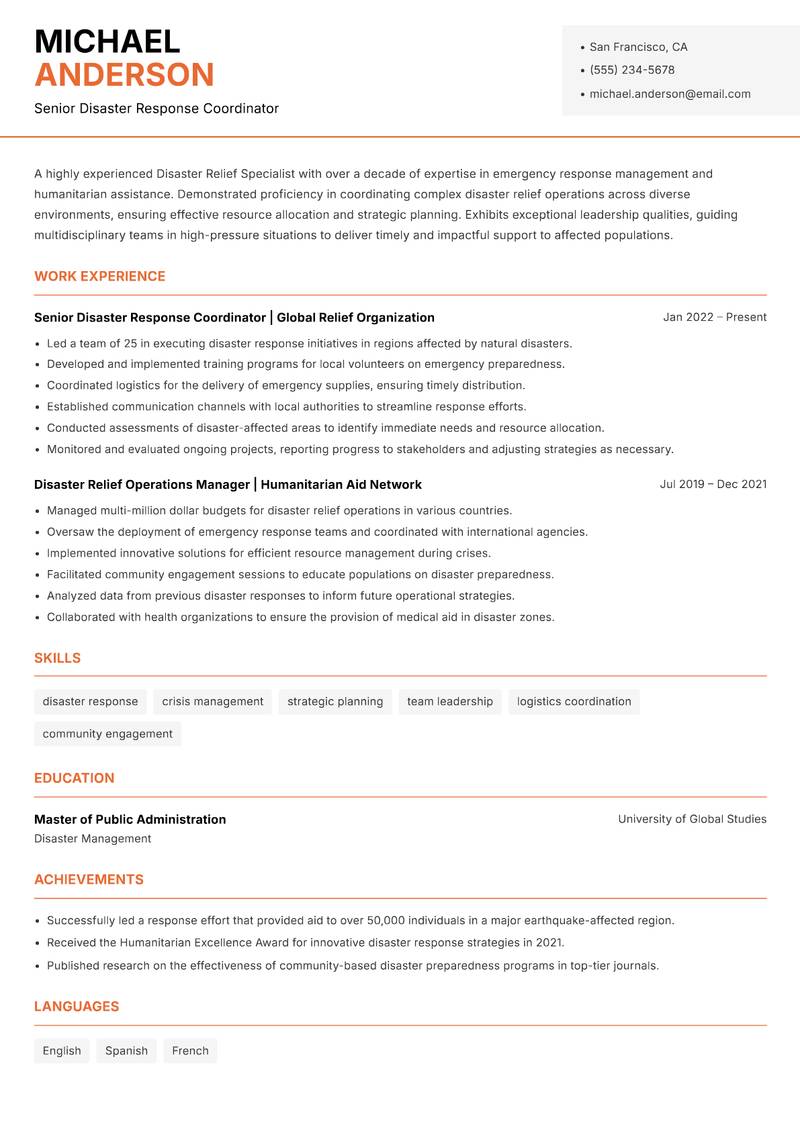 Disaster Relief Specialist resume template — Modern Professional