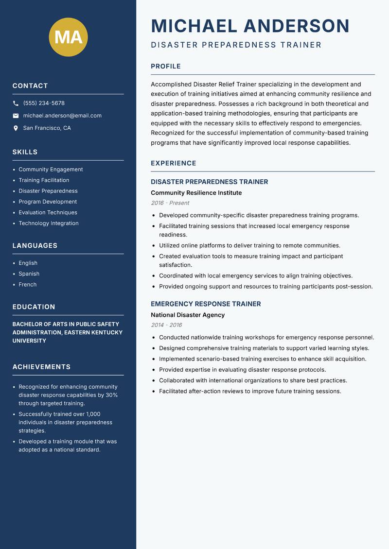 Disaster Relief Trainer resume template — Classic Clean