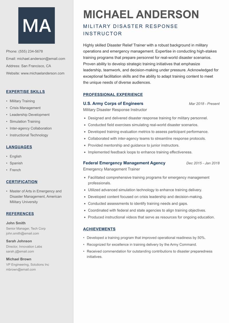 Disaster Relief Trainer resume template — Creative Minimal
