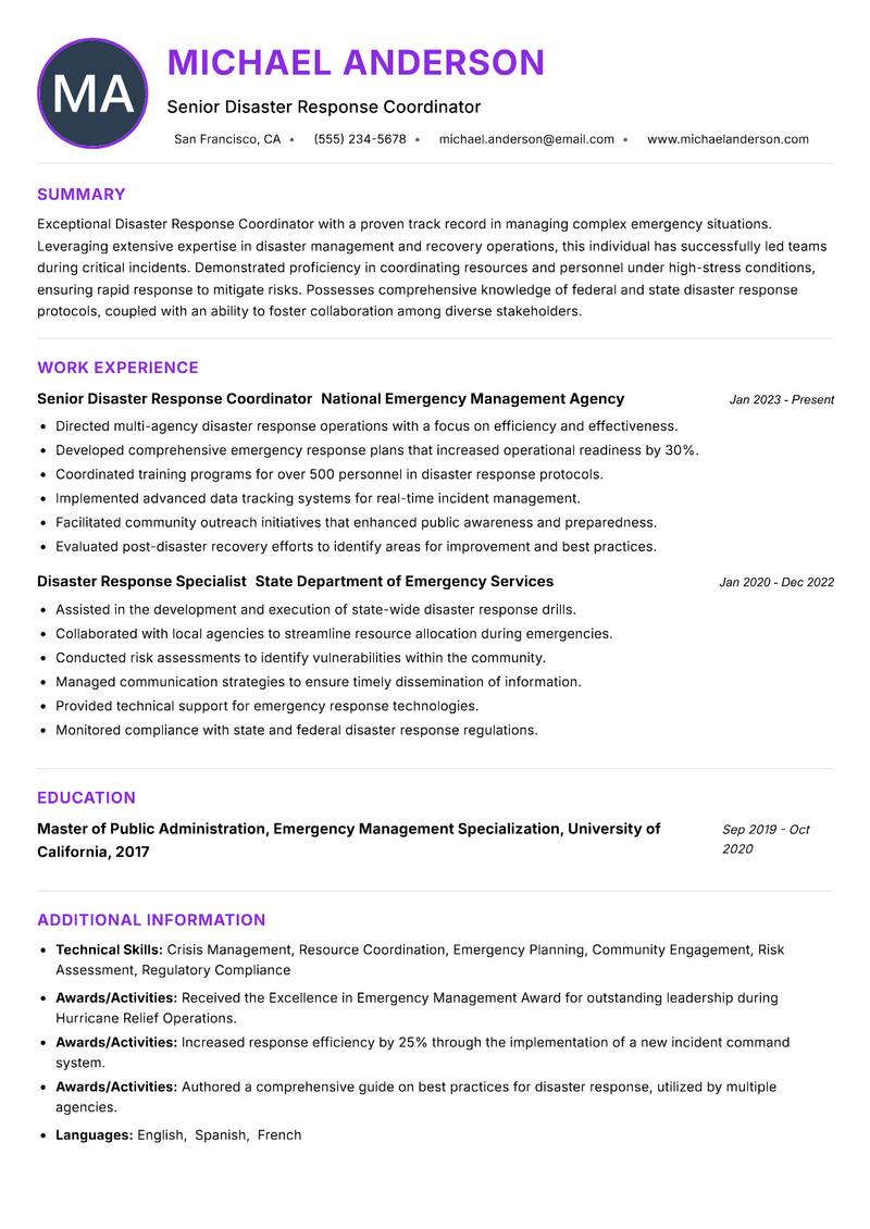 Disaster Response Coordinator resume example — ATS-friendly template